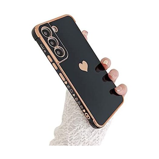 PHYLLA Compatible with Samsung Galaxy S21 6.2” 5g Phone Case,Luxury Plating Cute Love Heart Side Small Pattern Phone Case,Full Camera Protection Soft Silicone Airbag Shockproof Bumper Cover (Black)