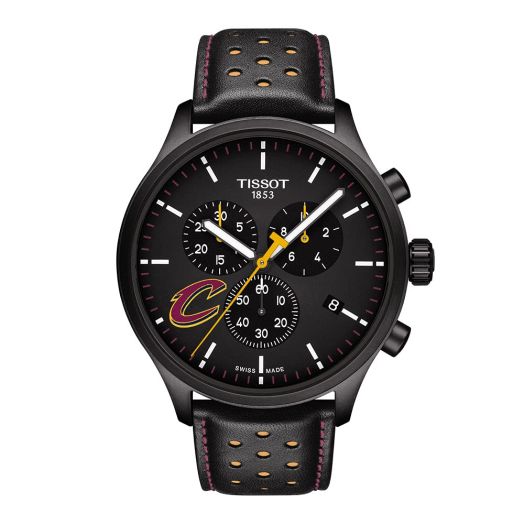 Tissot Mens Chrono XL NBA Cleveland Cavaliers 316L Stainless Steel case with Black PVD Coating Swiss Quartz Watch, Black,Yellow, Leather, 22 (T1166173605101)