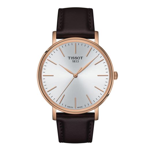 Tissot Mens Everytime Gent 316L Stainless Steel case with Rose Gold PVD Coating Quartz Watch, Brown, Leather, 20 (T1434103601100)