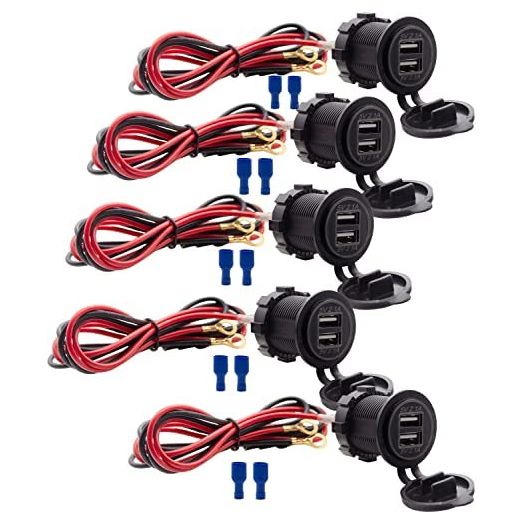 [5 Pack] 12V USB Outlet, Dual USB Quick Charger Socket Waterproof Power Outlet 12V/24V 2.1A & 2.1A for Car Golf Cart Boat Marine Bus Truck RV Marine Motorcycle, Blue LED