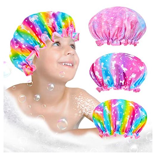 Shower Cap for Kids, Kids Shower Caps for Girls With Rainbow Unicorn Double Layer Wide Elastic Band Silk Bonnet, Girls Toddler Shower Cap, 3-Pack Shower Caps for Child Reusable Waterproof