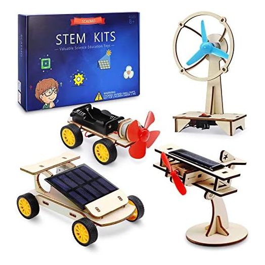 STEM 4 Set Solar Motor Kit,Wooden Model Electric Car Science Experiment Projects,Educational 3D Building Puzzles Electronic with 3 different Motors for Kids,DIY STEM Toys for Boys and Girls