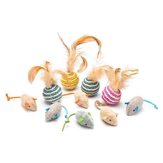 Cat Toy Feather Sisal Ball 4 Count,Mouse Catnip Cat Toys 6 Count- Handmade Cat Toys with Feathers, Scratch & Bite Resistant Sisal Balls for Cats (Random Color)