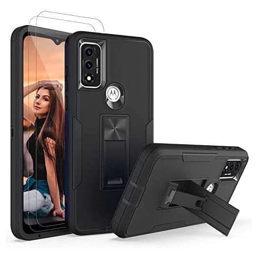 for Moto G Pure Case with 2 Pack Screen Protector Full-Body Rugged Slim Protective Military-Grade Shockproof with Built-in Foldable Kickstand Car Mount Phone Cover for Moto G Pure 2021 Case -Black