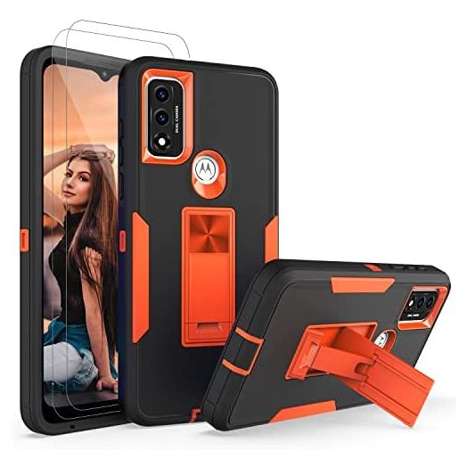 for Moto G Pure Case with 2 Pack Screen Protector Full-Body Rugged Slim Protective Military-Grade Shockproof with Built-in Foldable Kickstand Car Mount Phone Cover for Moto G Pure 2021 Case -Orange