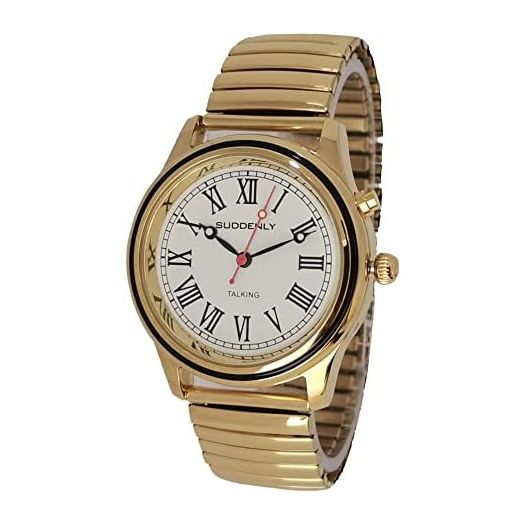 Suddenly Talking Watches for Seniors Men Loud Sound for Visually Impaired Gold Stainless Steel Contraction Watch Band Time-Day-Date Alarm Clock