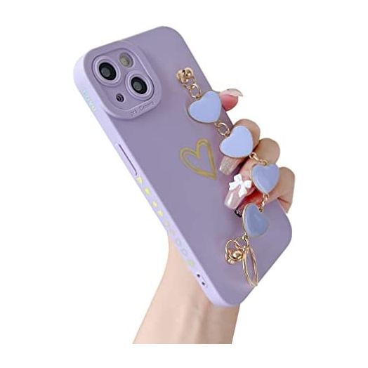 Caseative Cute Love Heart Wrist Strap Chain Bracelet Soft iPhone Case (Purple,iPhone 12 Pro Max)