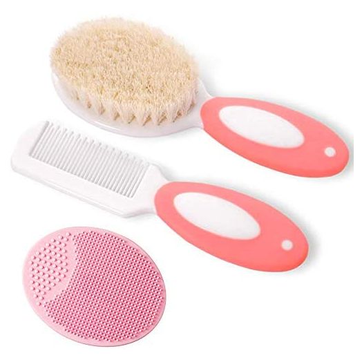 Baby Hair Brush and Comb Set for Newborns & Toddlers | Natural Soft Goat Bristles | Ideal for Cradle Cap | Perfect Baby Registry Gift (Pink)