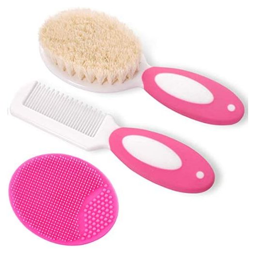 Baby Hair Brush and Comb Set for Newborns & Toddlers | Natural Soft Goat Bristles | Ideal for Cradle Cap | Perfect Baby Registry Gift (Red)