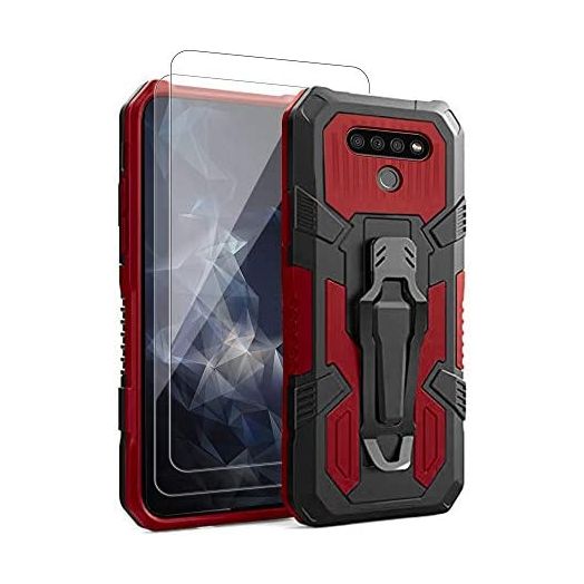 for LG K51 Phone Case,with Tempered Glass Screen Protector [2Pack] Heavy-Duty Military Grade 15ft. Drop Tested Protective Case for LG K51 -RED