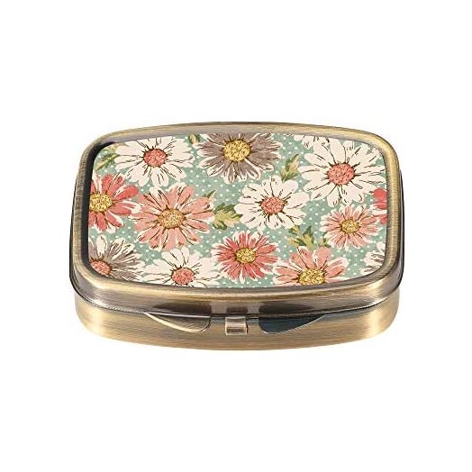 Dynippy Pill Case Pill Box with Mirror Retro Pocket 2 Compartment Medicine Case Vitamin Pill Organizer for Pocket Purse and Travel Gifts - Retro Flower