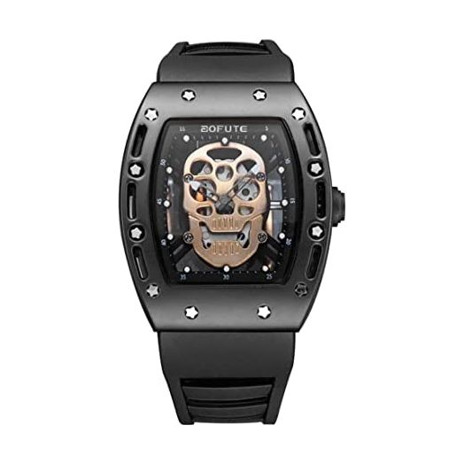 BOFUTE Men's Skull Luminous Dial Outdoor Sports Gifts Rectangle Quartz Watch with Silicone Band