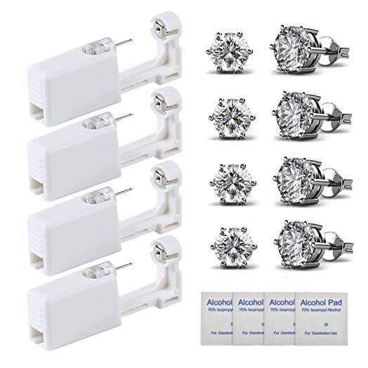 Ear Piercing Kit – 4 Pack Self Ear Piercing Gun, Disposable Ear Pearcings Kit with 5mm Silver Earring Studs Safety Ear Piercing Gun Kit Tool