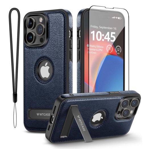 Magnetic Leather Business Case for iPhone 15 Pro Max, Protective Slim Kickstand Cover with Invisible Stand, MagSafe Compatible (Blue)