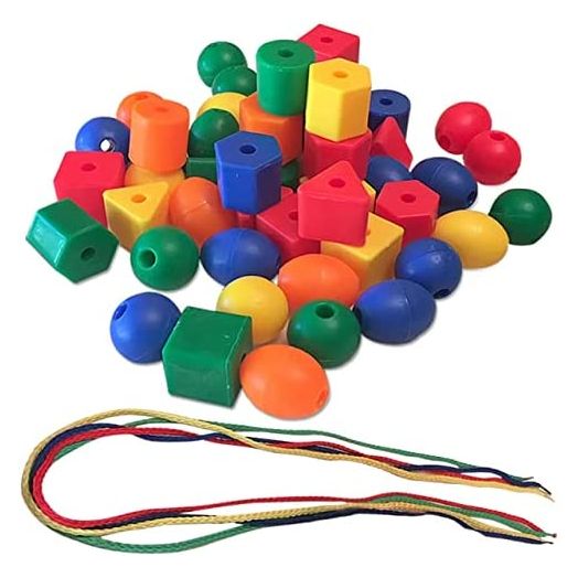 3 Bees & Me Jumbo Lacing Beads | Threading Toys for Toddlers and Kids Age 3, 4, 5 Years Old and Up | Fine Motor Activities for Preschool | 50 Large Beads and Strings