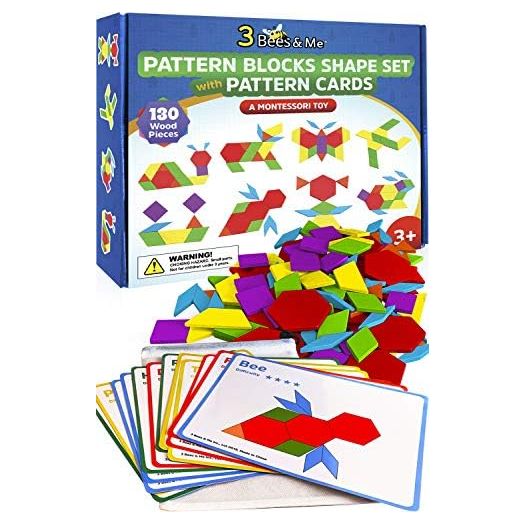 3 Bees & Me Wooden Pattern Blocks - Fun Montessori Learning Toys for Ages 3 to 9 - Tangram Shapes Puzzle Set with 155 Pieces