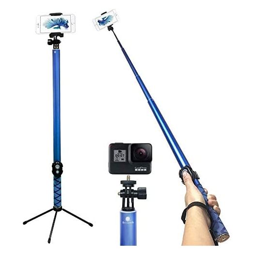 Bluetooth Long Selfie Stick- Super Length Lightweight Extendable Pole from 20'' to 118 Built-in Wireless Remote Shutter Grip Holder Mount Compatible iPhone Samsung Android Cell Phone(Blue)