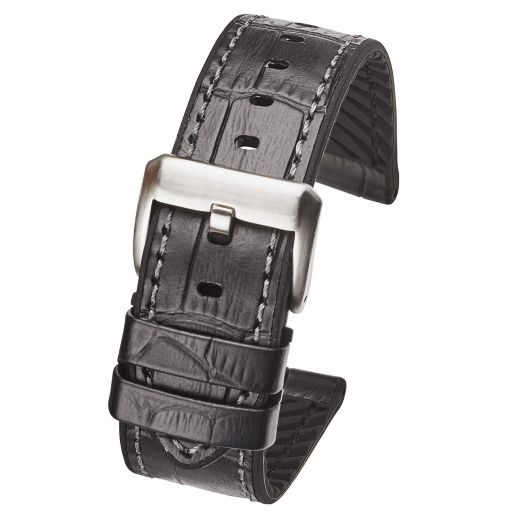 ALPINE Genuine alligator grain leather watch band with silicone lining - Black - 22 mm