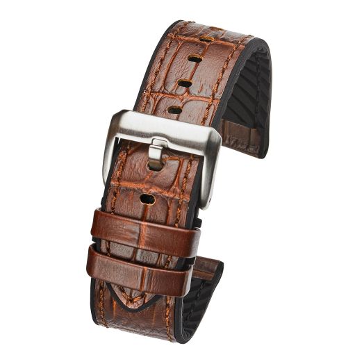 ALPINE Genuine alligator grain leather watch band with silicone lining - Brown - 20 mm