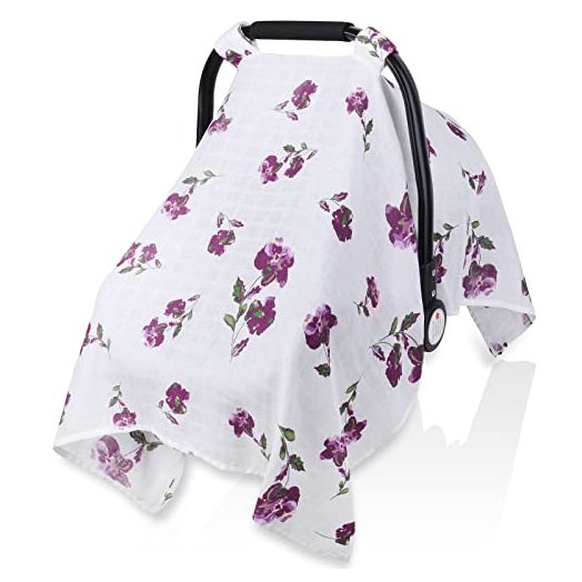 Muslin Carseat Cover for Boys Girls, Breathable Infant Car Seat Canopy, Lightweight Baby Carrier Cover, Newborn Shower Gift, Fit Spring Summer/Hot Days/Warm Weather,Purple Flower