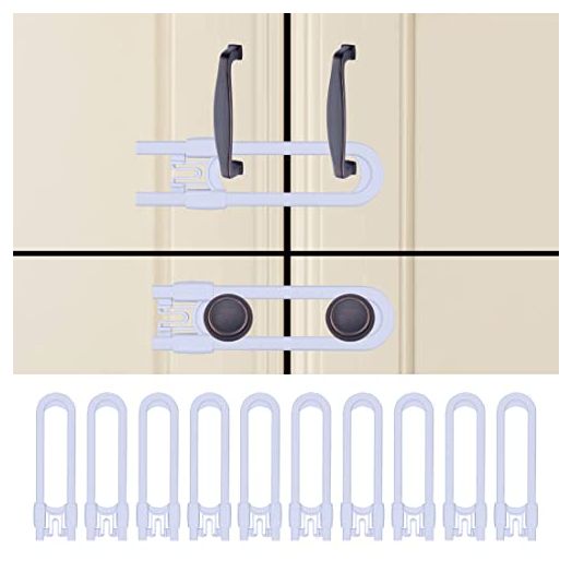 Sliding Cabinet Child Safety Locks - OKEFAN Baby Proofing Cabinet Lock Cupboard Latches for Kids on Closet Door Knobs Handles Pulls No Drill (10, White)