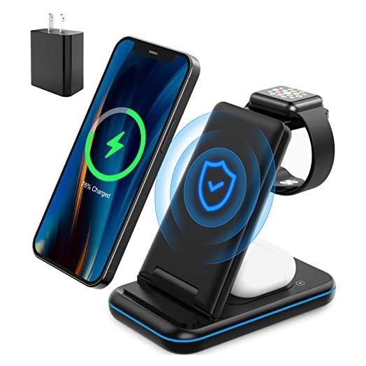 Foldable 3 in 1 Wireless Charger for Apple, Wireless Charging Station for iPhone 13/12/11/X/XR/XS/8, Apple Watch 7/6/SE/5/4/3/2/1, Airpods 2/Pro, Qi-Certified Wireless Charging Stand with 18W Adapter