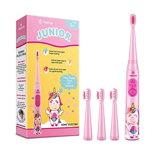 Vekkia Sonic Rechargeable Kids Electric Toothbrush, 3 Modes with Memory, Fun & Easy Cleaning, 31000 Strokes, IPX7 Waterproof, 2-Min Timer for Age 3+, 4 Soft Bristles