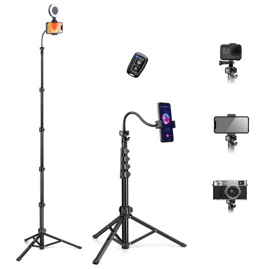 Phone Tripod, 81" Tripod for Cell Phone, Phone Stand for Recording Video, Travel Phone Tripod with Gooseneck Remote Phone Holder, Aluminum Tripod for iPhone 15 14 13 12 11 Android