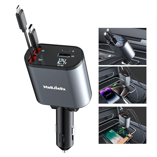 4 in 1 Retractable Car Charger, USB C Fast Charging Adapter[Max100W] with Lightning Cable&Dual Charge Port Compatible with iPhone 15/14/13/12/11 Pro Max Plus/iPad/AirPods,Galaxy,Google