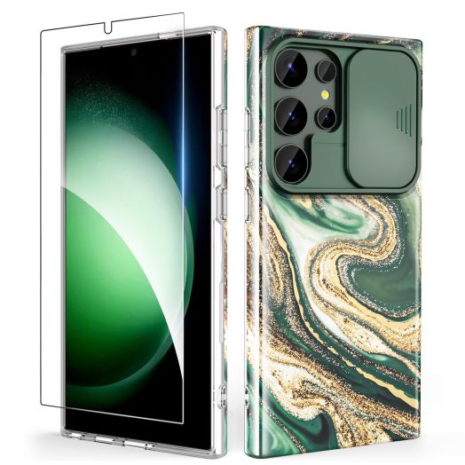 Designed for Samsung Galaxy S24 Ultra Case, with Slide Camera Cover & Screen Protector, Chic Pattern, Shockproof Protective, Slim Thin Phone Case for S24 Ultra, Quicksand Green