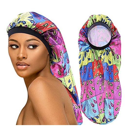 Vinyl Quote Me Extra Long Colorful Satin Bonnet Sleep Cap Long Bonnet for Braids Hair Loose Cap (Colorful Peacock)
