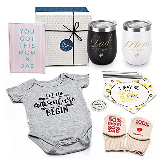 Pregnancy Gifts for First Time Moms Dad, Mommy and Daddy Est 2022 Stainless Steel Wine Tumbler Set with Onesie Baby Socks Drool Bib and Decision Coin - Top New Parents Gifts Idea for Gender Reveal