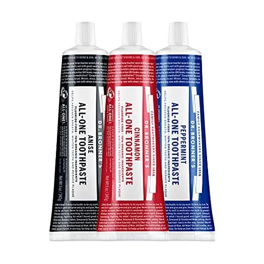 Dr. Bronner’s - All-One Toothpaste (3-Pack Variety) 5 Ounce Peppermint, Cinnamon, Anise - 70% Organic Ingredients, Natural and Effective, Fluoride-Free, SLS-Free, Helps Freshen Breath, Reduce Plaque