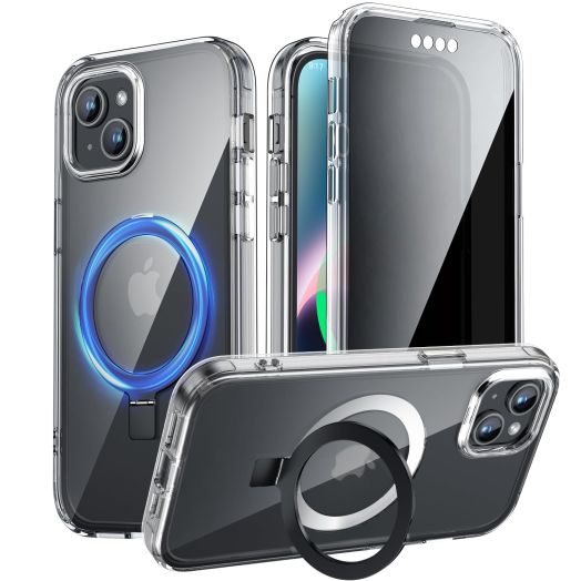 YXU Privacy Case for iPhone 13/iPhone 14 with Magnetic Invisible Stand [120° Foldable Durable Ring][Built-in Anti Peep Screen Protector] Full Body Slim Clear Back Phone Case Cover 6.1",Clear