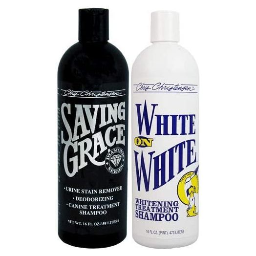 Chris Christensen Saving Grace & White on White Bag Deal - 16oz - Saving Grace Deodorizing Treatment & Stain Removing - White on White Shampoo for Pets- Canine Treatment - Whitening Shampoo