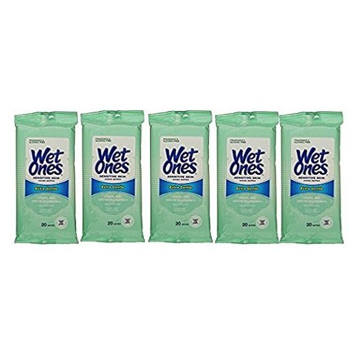 Wet Ones Wipes for Hands & Face, 20 Count Travel Pack (Pack of 5) 100 Wipes Total (Sensitive)