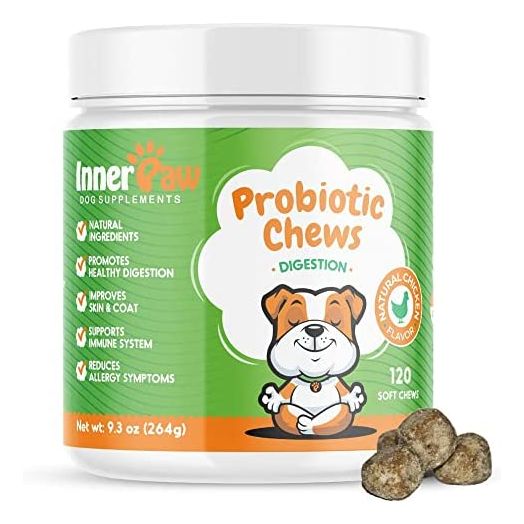 Inner Paw Probiotic Chews for Dogs – 120Pcs Soft Chews Dog Vitamins and Supplements - All Natural 2 Billion CFU Dog Digestive Enzymes -Delicious Chicken Flavor – Supports Gut and Immune Health