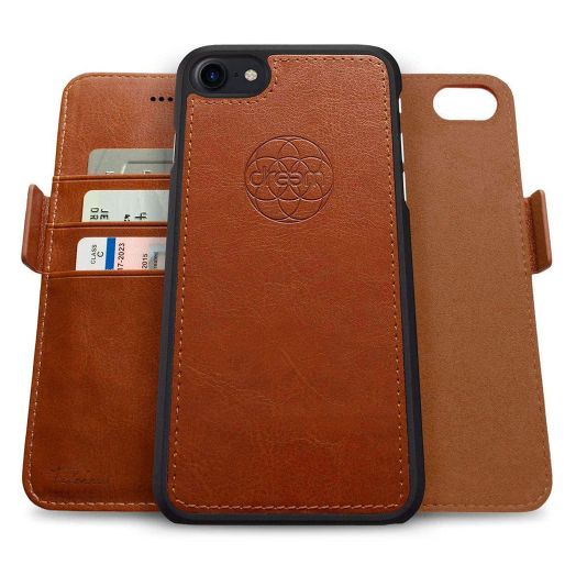 Dreem Fibonacci 2-in-1 Wallet Case for Apple iPhone SE 3 (2022), SE 2, & 8/7 - Luxury Vegan Leather, Magnetic Detachable Shockproof Phone Case, RFID Card Protection, 2-Way Flip Stand - Caramel