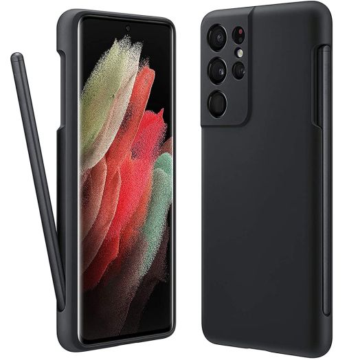 for Galaxy S21 Ultra Case with S Pen Holder, Liquid Silicone Phone Cover with Stylus Slot (S-Pen Not Included) Anti-Fingerprint Military Shockproof Protection for Samsung S21 Ultra 5g - Black