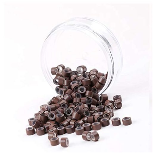 200Pcs Beads Silicone Aluminium Micro Nano Rings 5.0x3.0x3.0 mm Lined For I Tip/Nano Hair Extensions Tool Beads (Brown Color)
