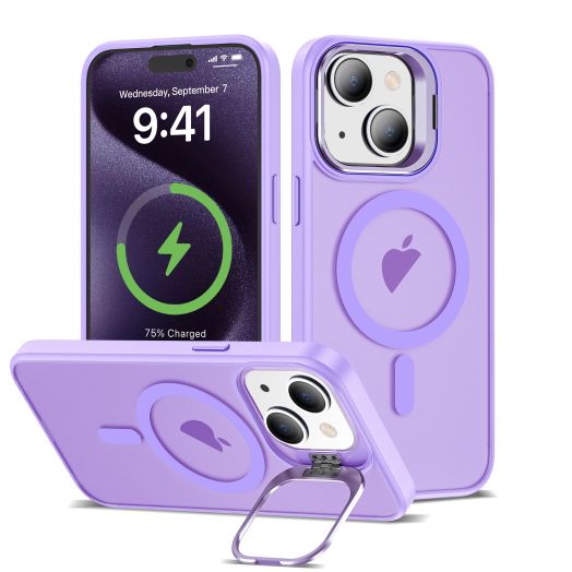 for iPhone 14 Plus Case/iPhone 15 Plus Case with Metal Camera Lens Stand Built-in Magnetic Ring [Compatible with Magsafe] Translucent Matte Back Phone Case for Women Men, Lilac Purple