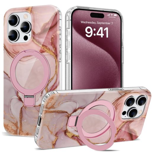 for iPhone 14 Pro Case Marble Pattern with Magnetic Ring Holder [Compatible with MagSafe] TPU Protective Phone Case for iPhone 14 Pro 6.1" for Women Men, Marble Pink