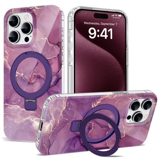for iPhone 15 Pro Case Marble Pattern with Magnetic Ring Holder [Compatible with MagSafe] TPU Protective Phone Case for iPhone 15 Pro 6.1" for Women Men, Marble Purple