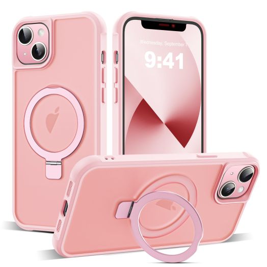 Designed for iPhone 13 Case & iPhone 14 Case 6.1" with Invisible Magnetic Ring Stand Translucent Phone Case for iPhone 13 & iPhone 14 [Compatible with Mag-Safe], Pink