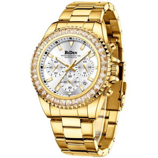 BIDEN Mens Watches Chronograph Diamond Gold Stainless Steel Waterproof Date Analog Quartz Watch Business Casual Fashion Wrist Watches for Men