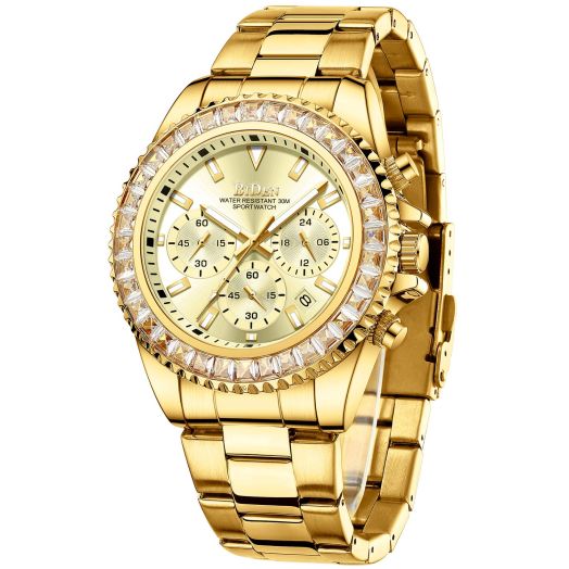 BIDEN Mens Watches Chronograph Diamond Gold Stainless Steel Waterproof Date Analog Quartz Watch Business Casual Fashion Wrist Watches for Men