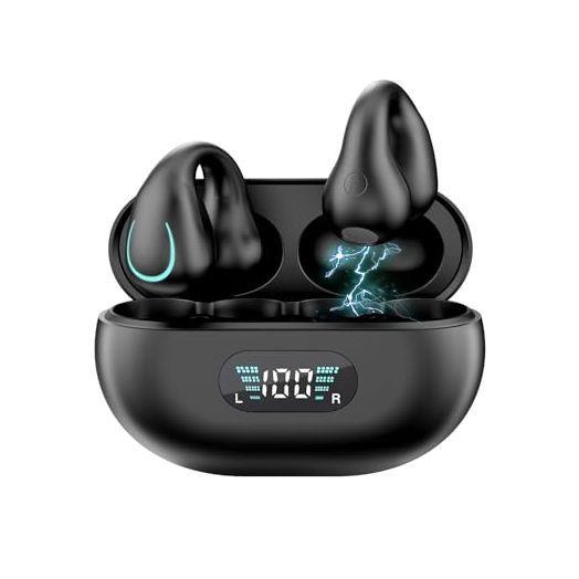 Open Ear Bone Conduction Headphones, Bluetooth Wireless Clip On Earbuds with Digital Display Charging Case 40 Hours Playtime IPX4 Waterproof Waterproof Fitness Headphones for Running, Workout