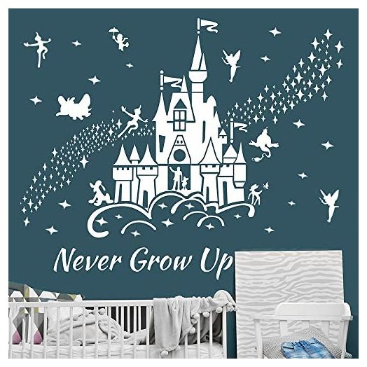 Supzone Peter Pan Wall Stickers Fairy Tale Castle Wall Decal Never Grow Up Quotes Stars Wall Decor DIY Mural Art for Baby Nursery Room Kids Bedroom Playroom-White