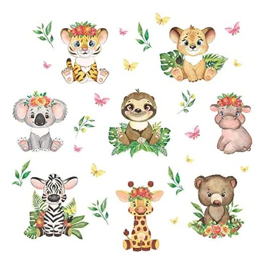 Supzone Jungle Animal Wall Stickers Cartoon Animal Wall Decals Giraffe Zebra Tiger Wild Animal Flower Leaves Wall Art Sticker for Kids Baby Nursery Playroom Bedroom Kindergarten Wall Decor