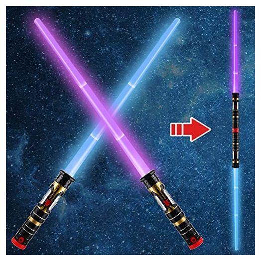 2-in-1 Light Up Saber(3 Color Changing) LED Dual Swords, FX Sound (Motion Sensitive) and Telescopic Handle for Galaxy War Fighter Warriors, Halloween Party Kid Gift, Christmas Birthday Present